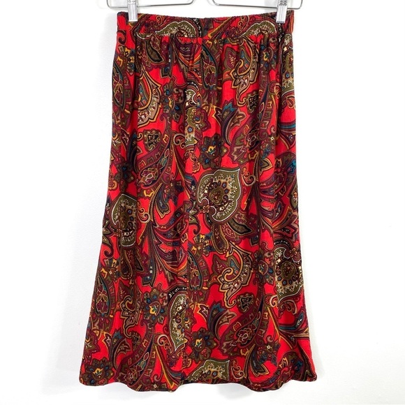 DECADE design 70s Vintage Paisley Print A-line Midi Skirt in Red - Picture 2 of 6